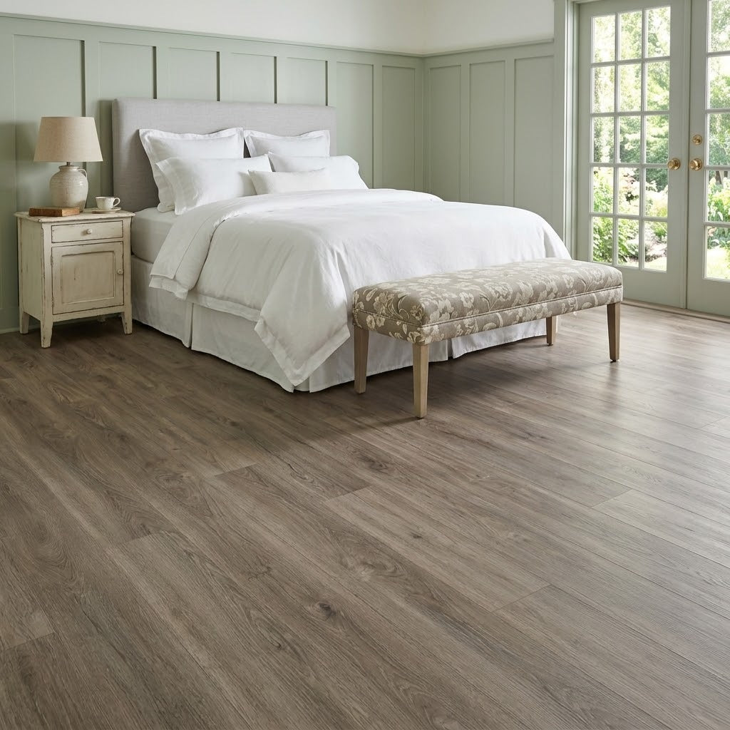 Pacific Oak Western Fir Waterproof Pure SPC™ Max Flooring installed in a bedroom
