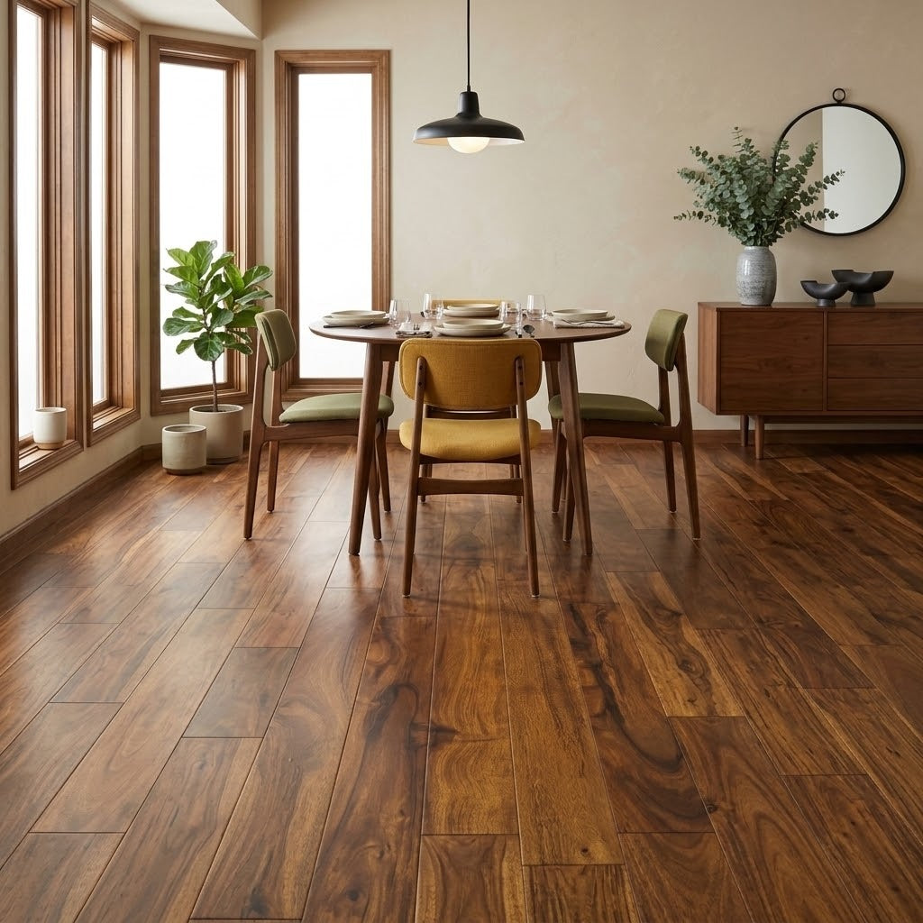 Platinum Natural Acacia Water Resistant Laminate Flooring installed in a dining room