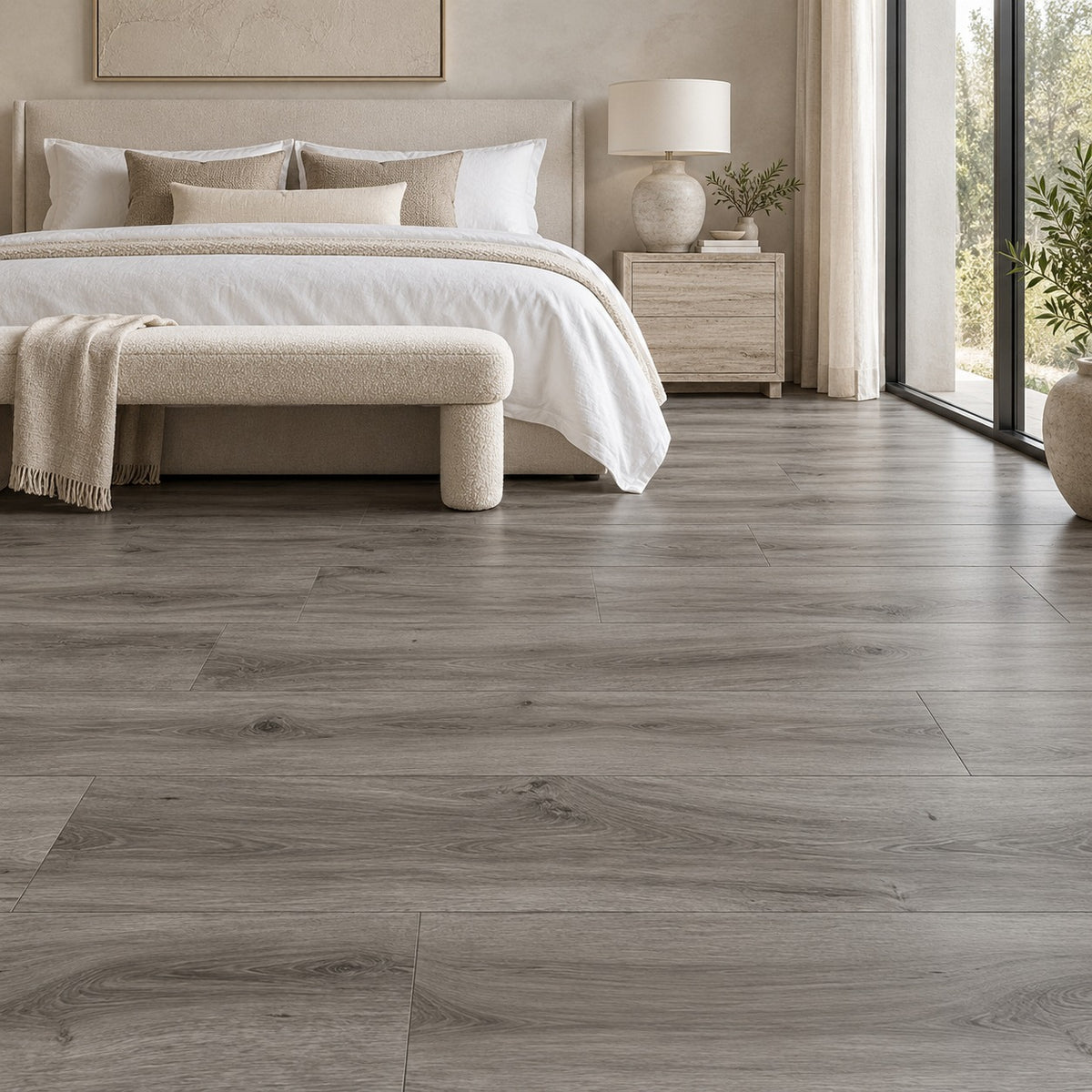 Rock Coastal Sand Waterproof Designer Pro SPC Flooring installed in a bedroom