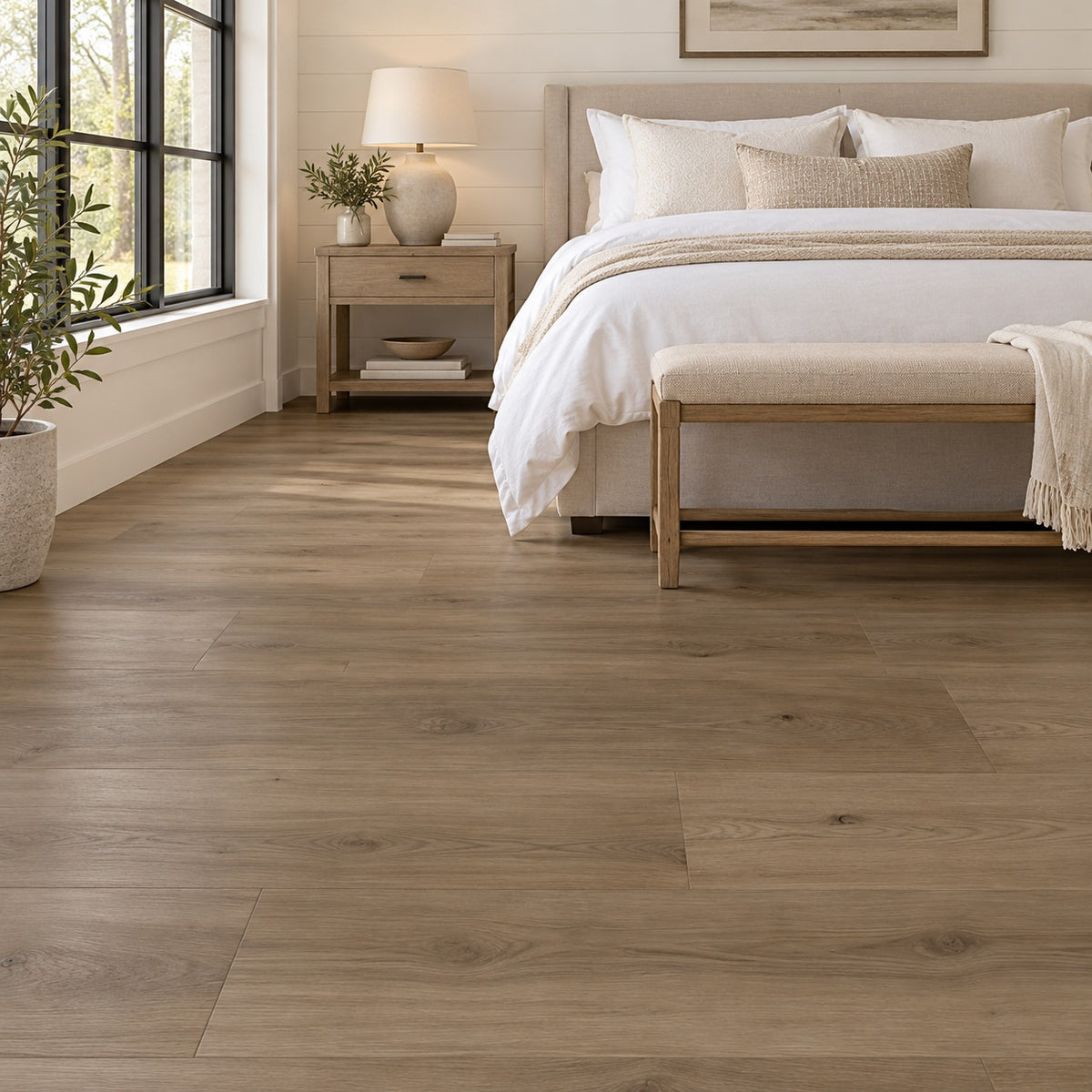 White River Crema Canyon Waterproof Pure SPC™ Max Flooring installed in a bedroom