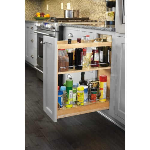 Rev-A-Shelf 8" Wood Base Cabinet Pullout Organizer with Soft-Close, natural maple
