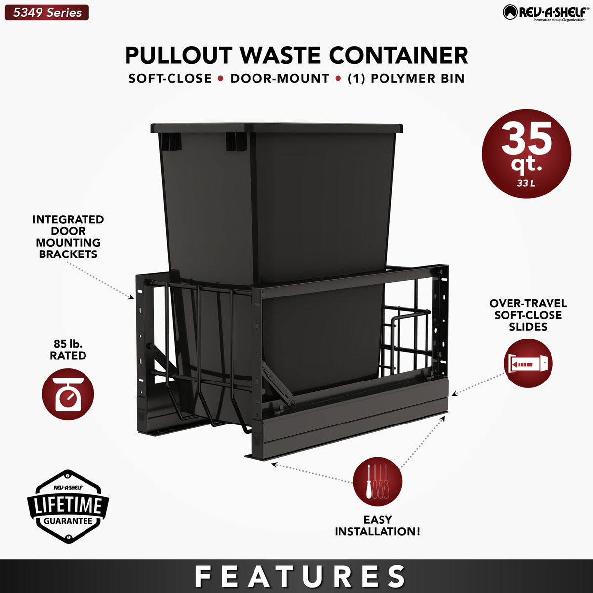 Rev-A-Shelf Aluminum Pullout Waste Container with Soft-Close