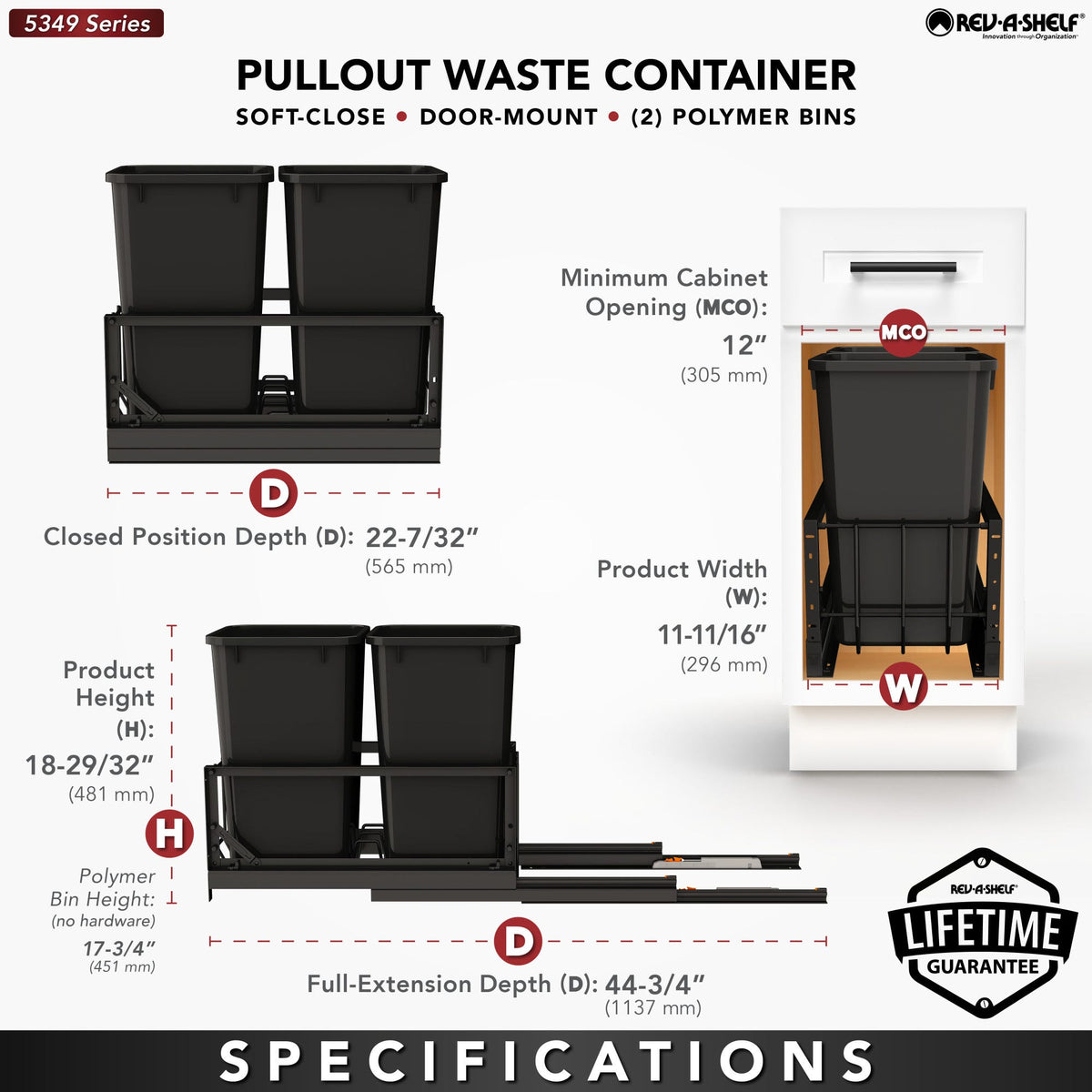 Rev-A-Shelf Aluminum Pullout Waste Container with Soft-Close, black