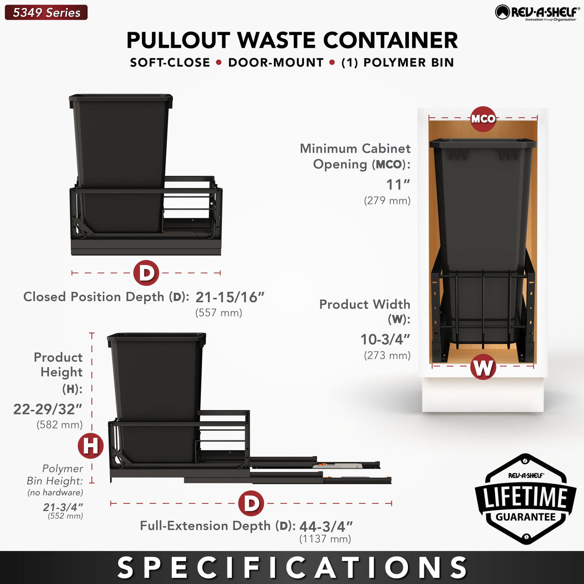 Rev-A-Shelf Aluminum Pullout Waste Container with Soft-Close, black