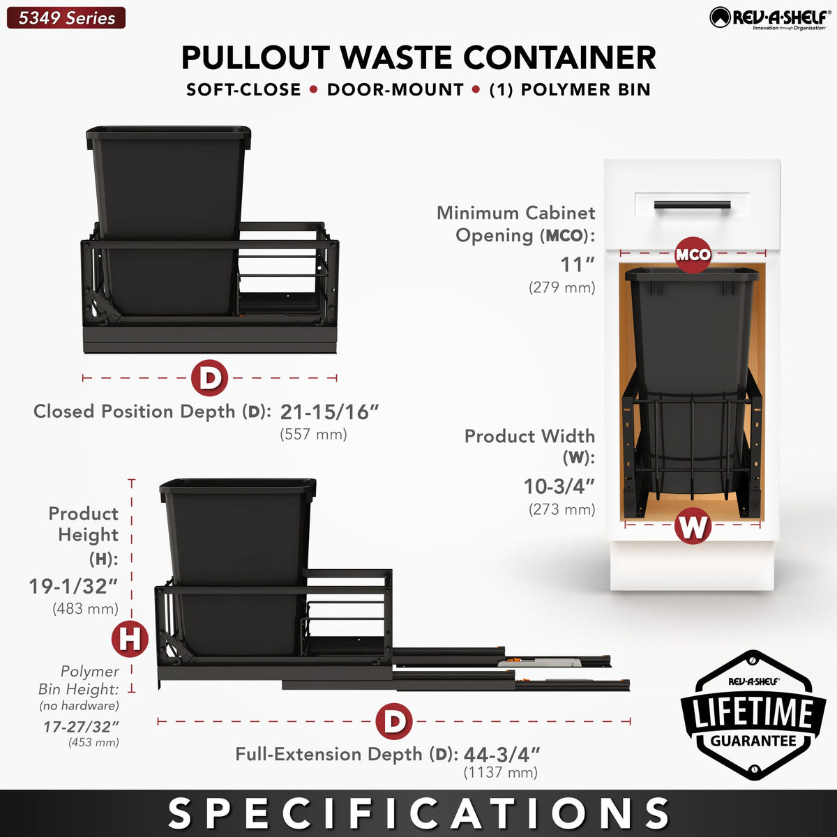 Rev-A-Shelf Aluminum Pullout Waste Container with Soft-Close, black