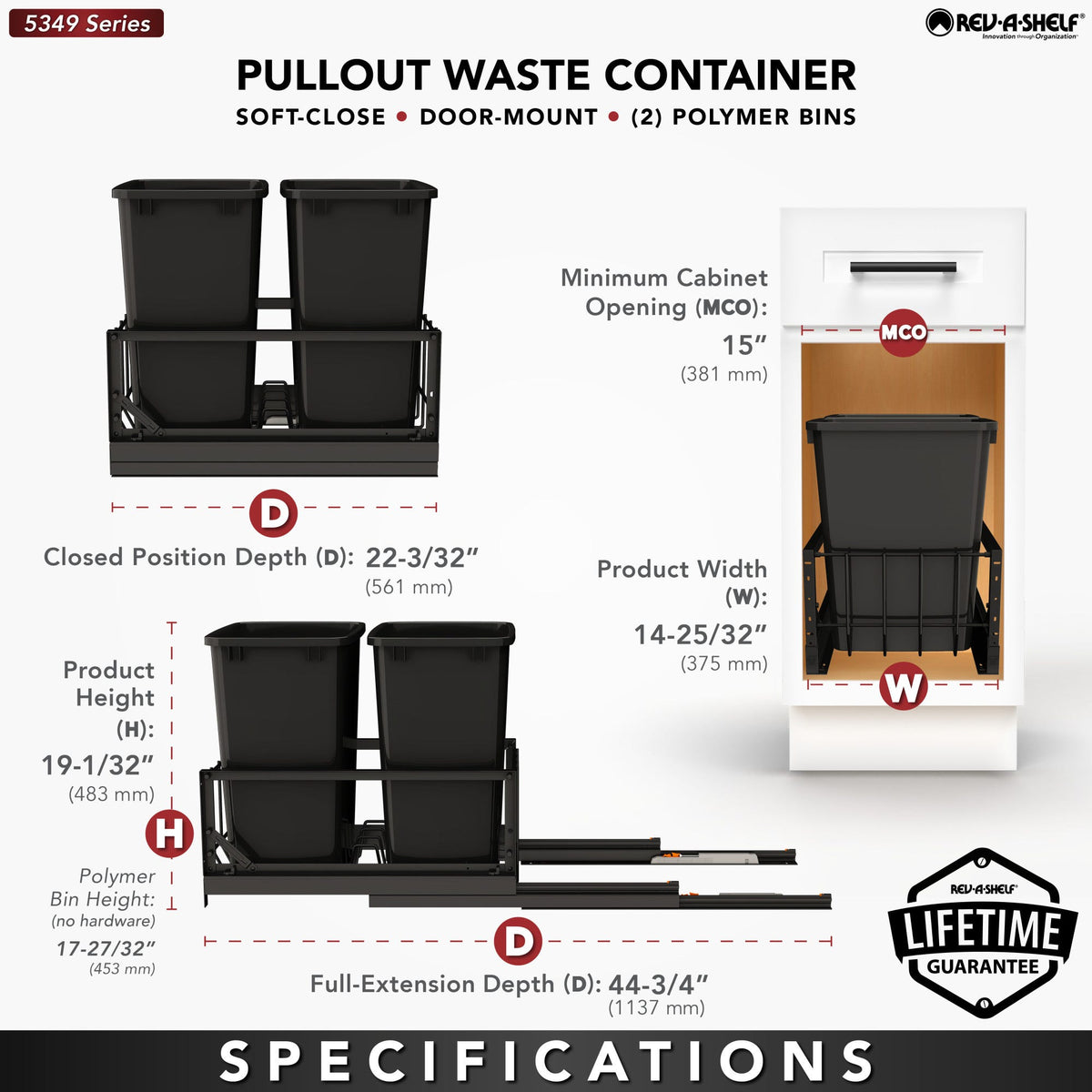 Rev-A-Shelf Aluminum Pullout Waste Container with Soft-Close, black