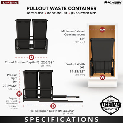 Rev-A-Shelf Aluminum Pullout Waste Container with Soft-Close, black
