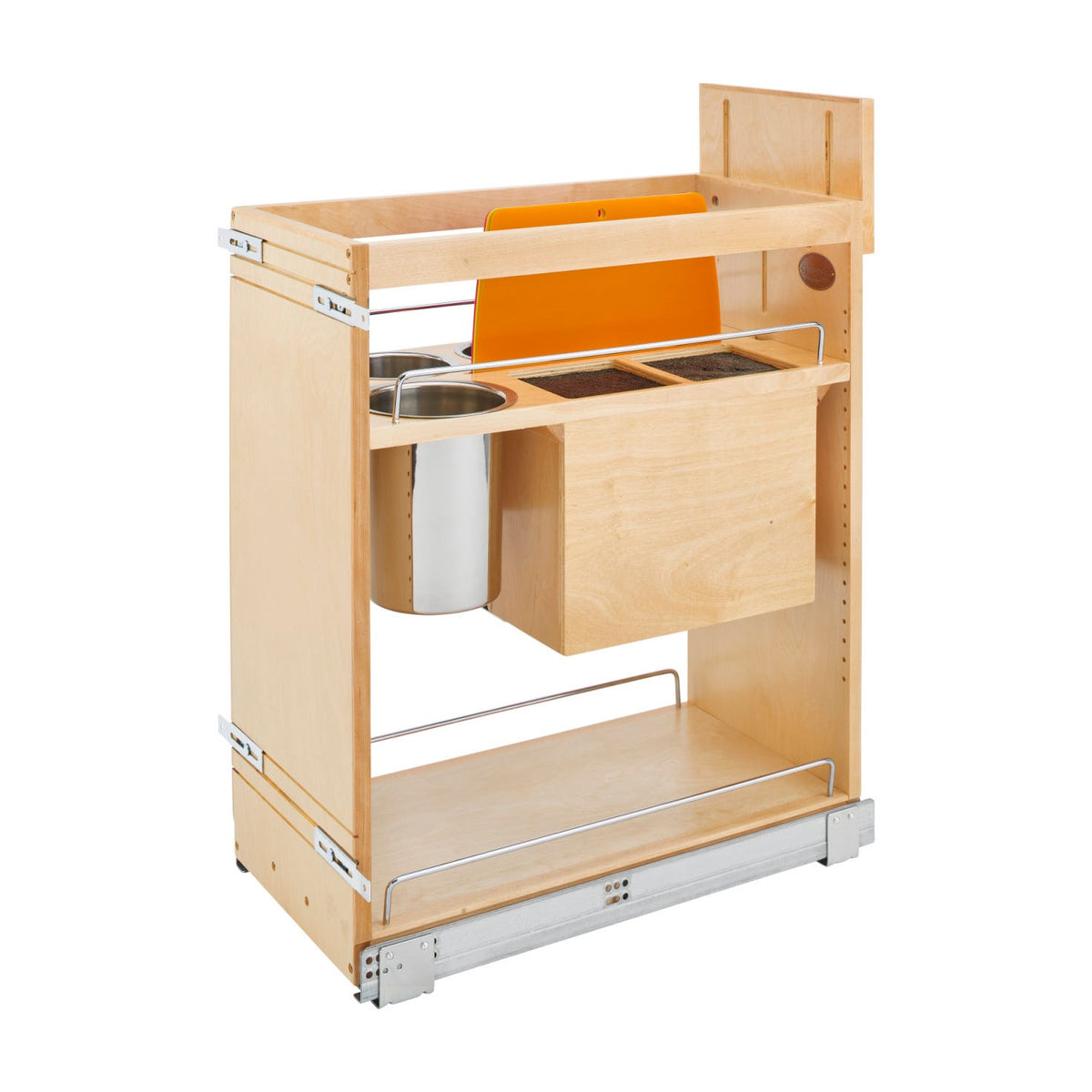 Rev-A-Shelf Base Cabinet Pullout with Knife Block & Utensil Bins, Maple, 15"