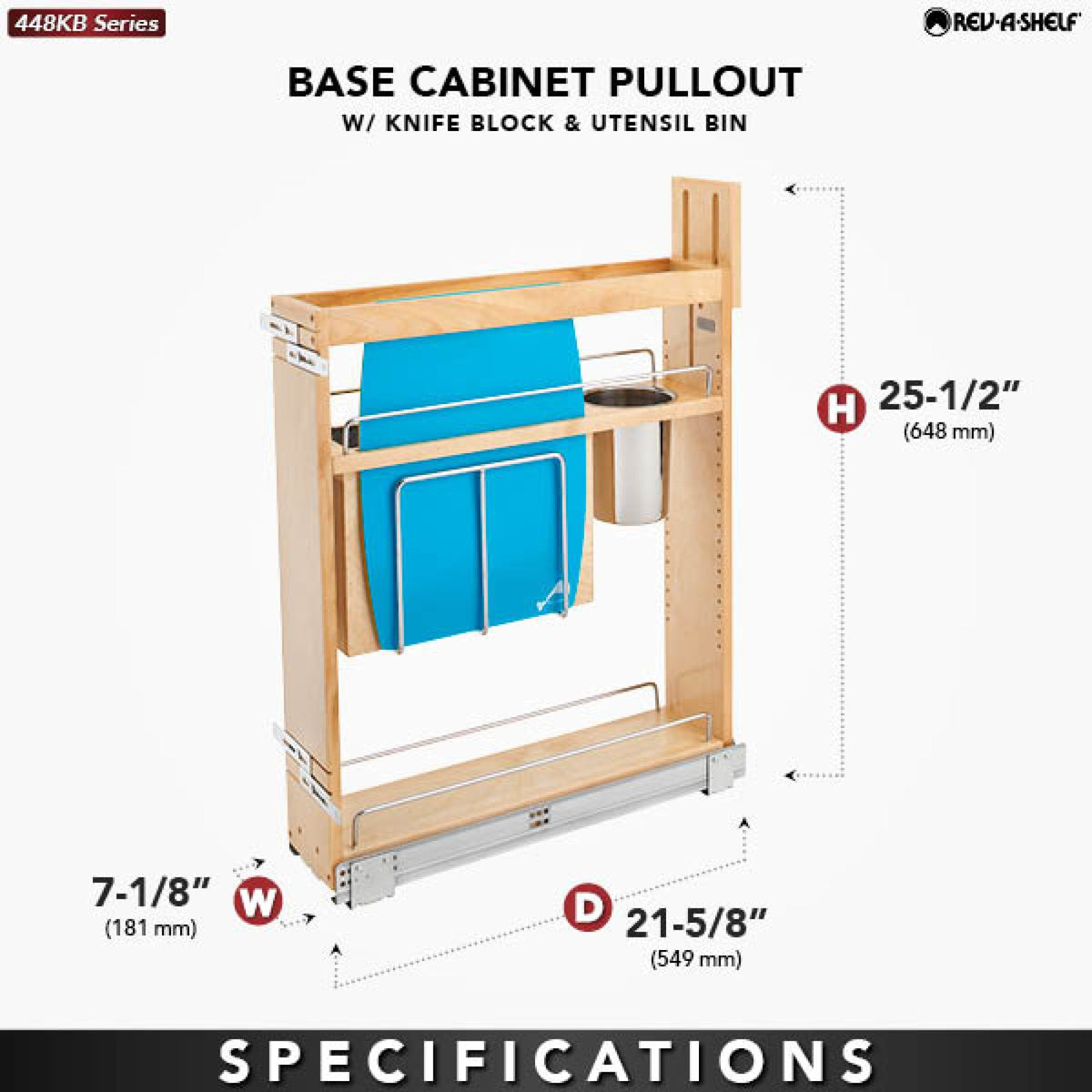 Rev-A-Shelf Base Cabinet Pullout with Knife Block & Utensil Bins, maple