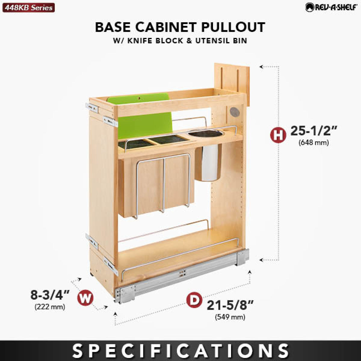 Rev-A-Shelf Base Cabinet Pullout with Knife Block & Utensil Bins, maple