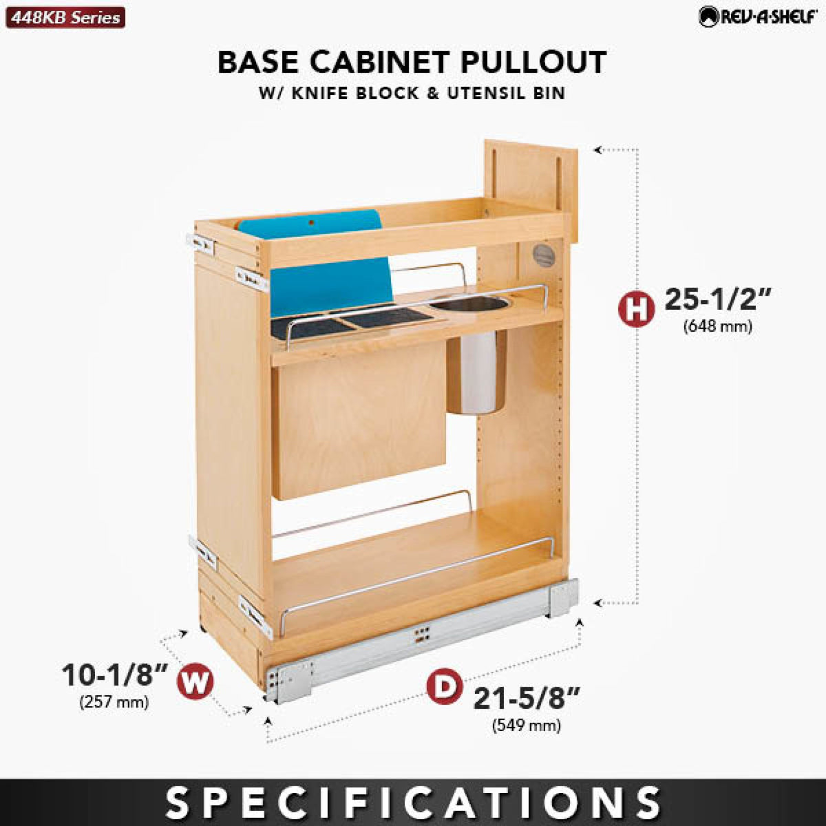 Rev-A-Shelf Base Cabinet Pullout with Knife Block & Utensil Bins, maple