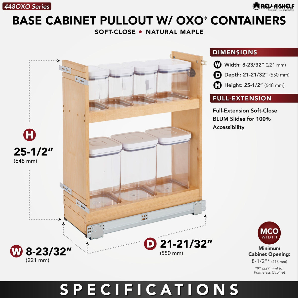 Rev-A-Shelf Base Cabinet Pullout with OXO Containers, 8"