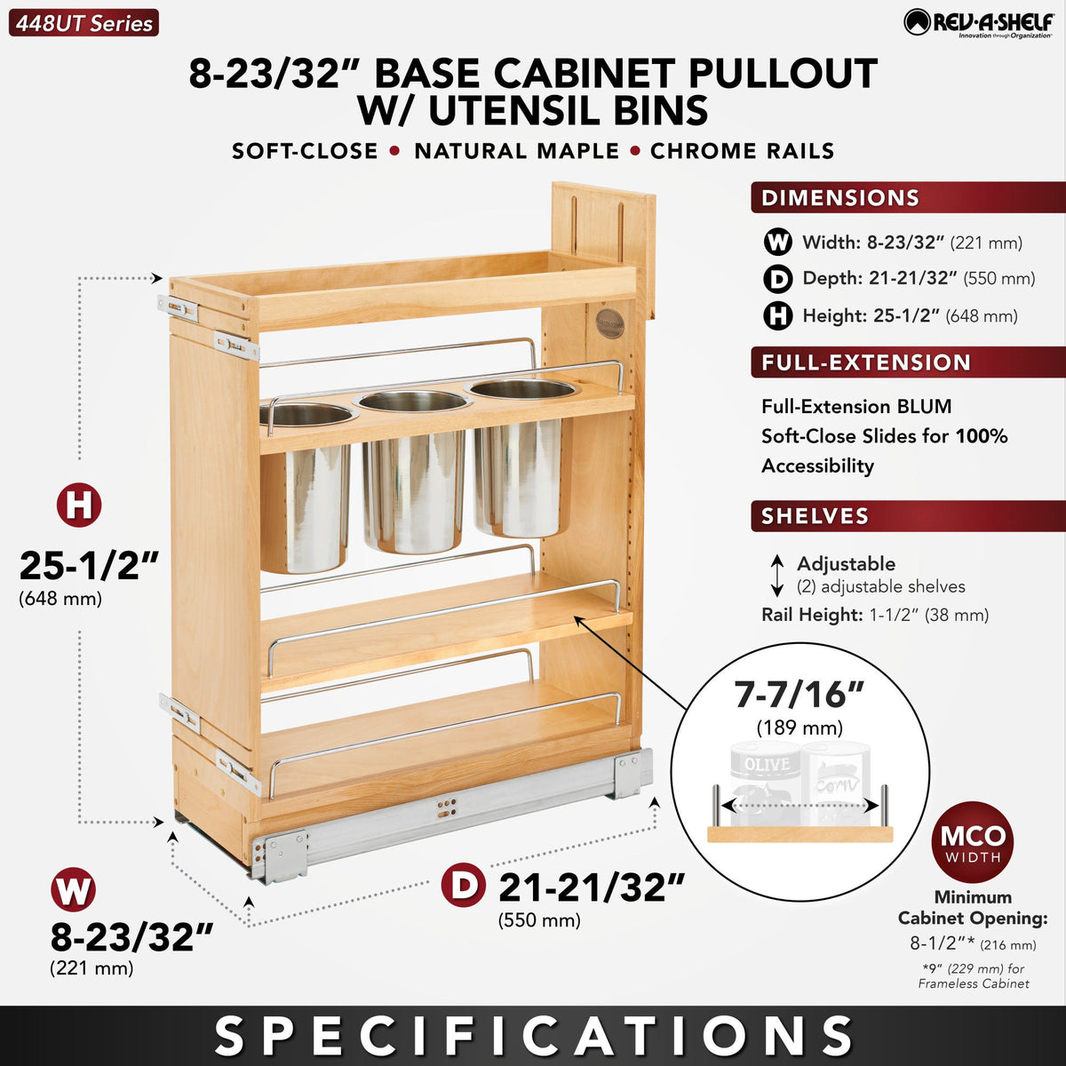 Rev-A-Shelf Base Cabinet Pullout with Utensil Bins, maple