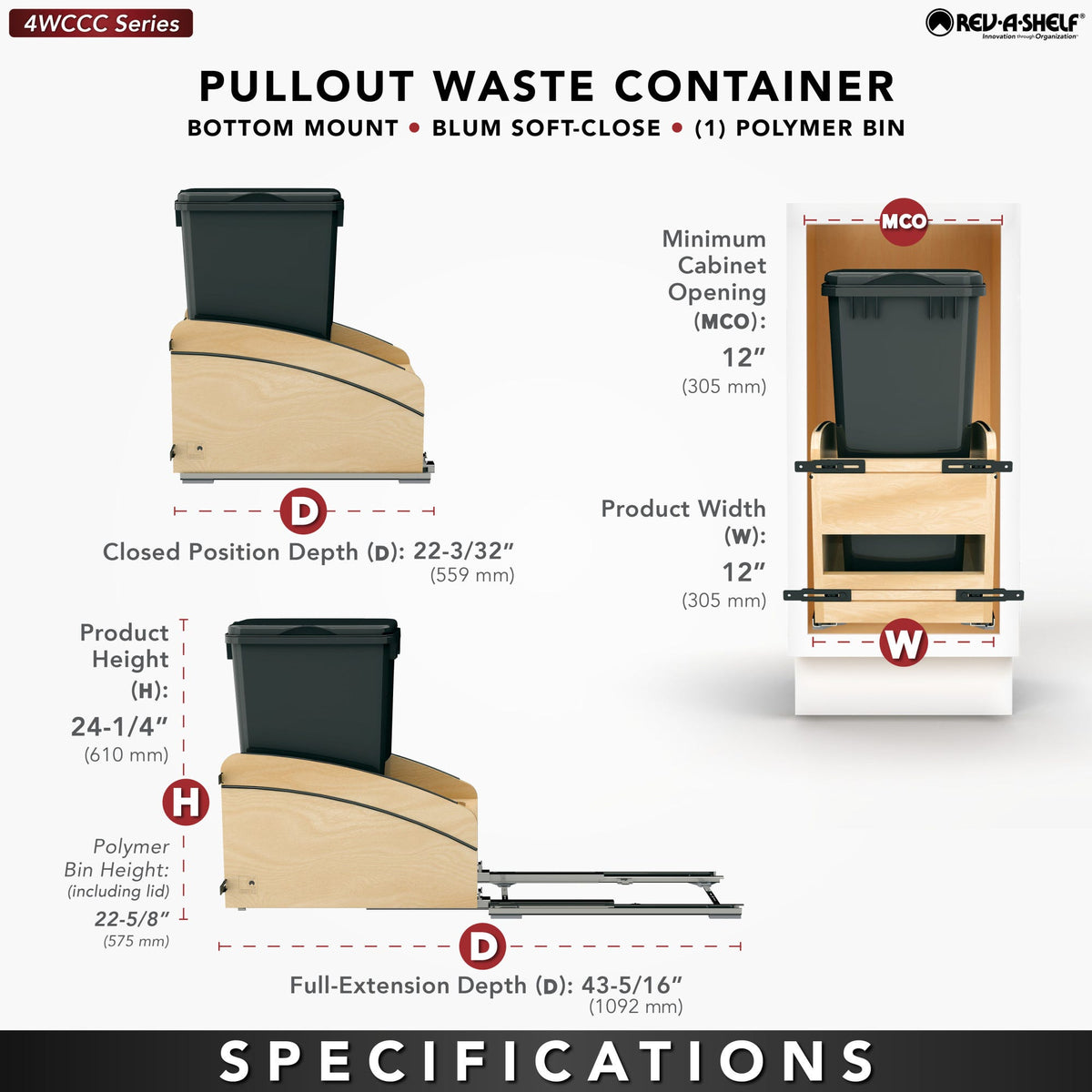 Rev-A-Shelf Craftsman Collection Solid Wood Bottom Mount Pullout Waste Container with BLUM Soft-Close, maple