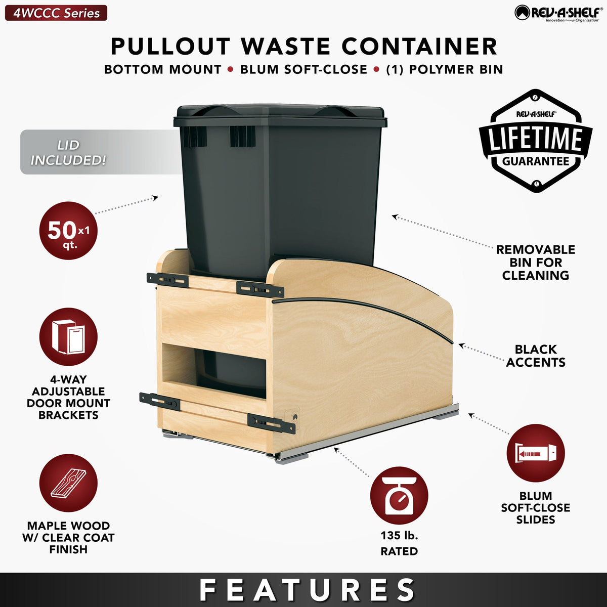 Rev-A-Shelf Craftsman Collection Solid Wood Bottom Mount Pullout Waste Container with BLUM Soft-Close, maple