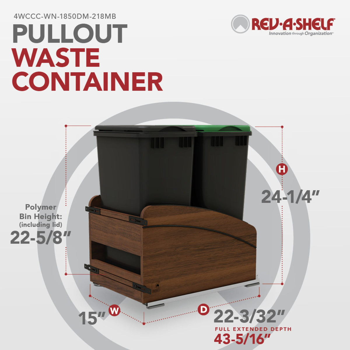 Rev-A-Shelf Craftsman Collection Solid Wood Bottom Mount Pullout Waste Container with BLUM Soft-Close, walnut