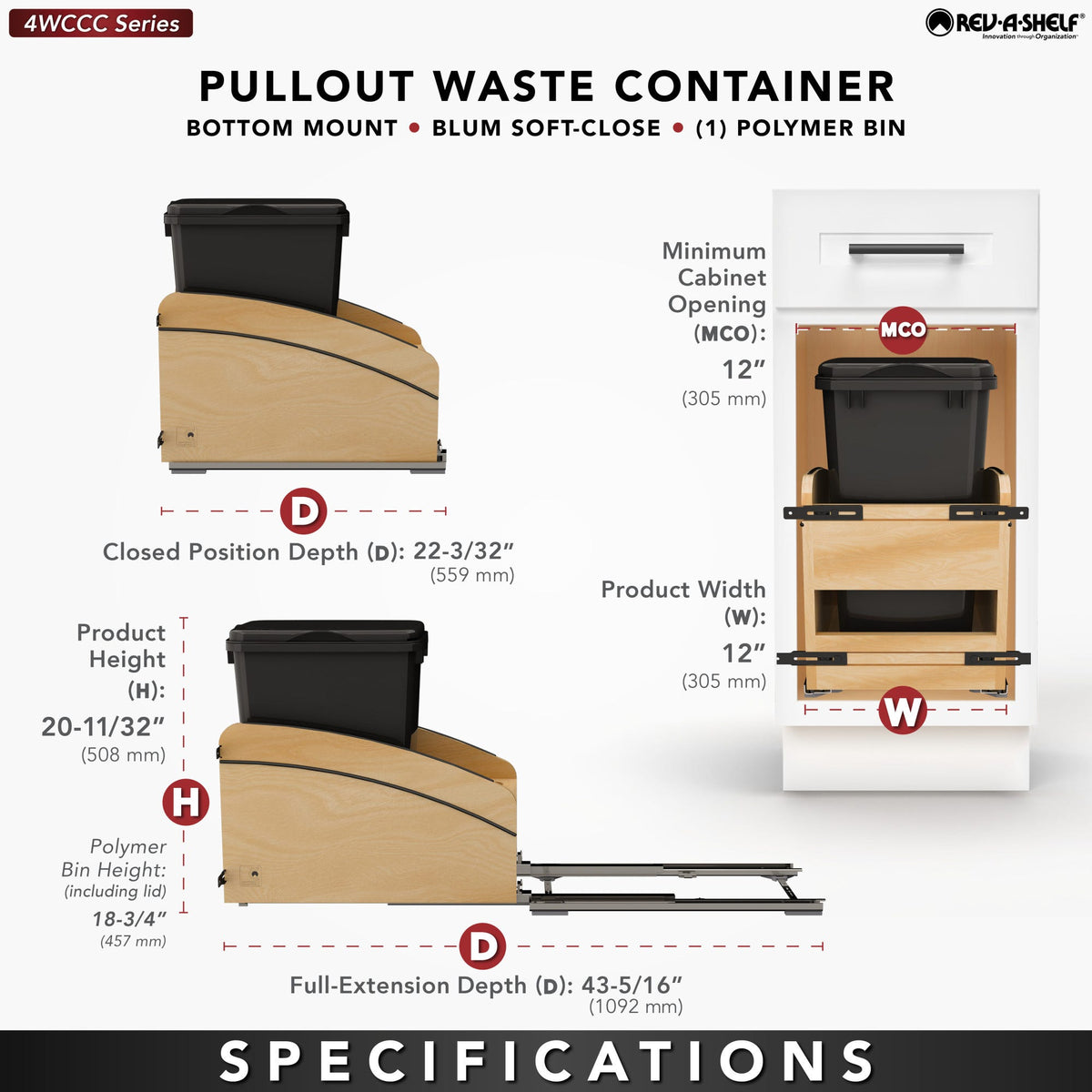 Rev-A-Shelf Craftsman Collection Solid Wood Bottom Mount Pullout Waste Container with BLUM Soft-Close