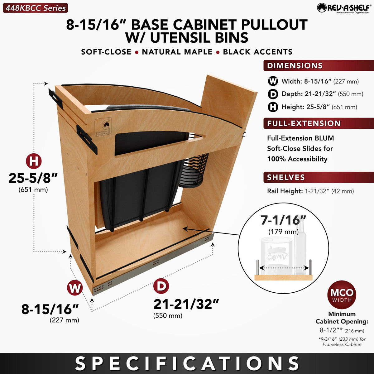 Rev-A-Shelf Craftsman Collection Solid Wood Knife Block Pullout Organizer with BLUM Soft-Close, maple