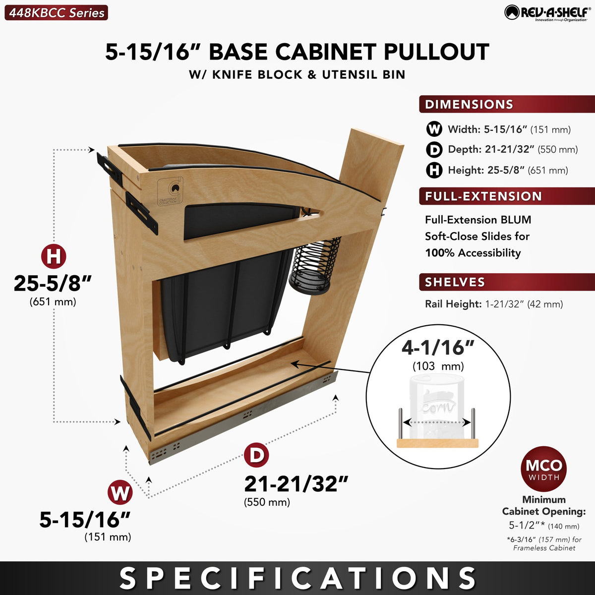 Rev-A-Shelf Craftsman Collection Solid Wood Knife Block Pullout Organizer with BLUM Soft-Close