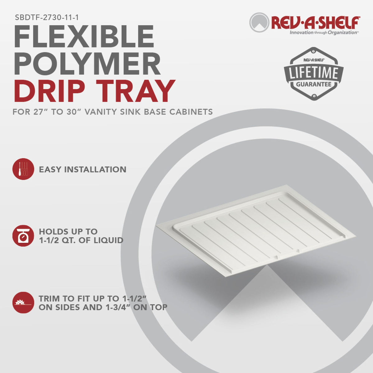 Rev-A-Shelf Flexible Polymer Trim-to-Fit Drip Tray for Sink Base Cabinets, white