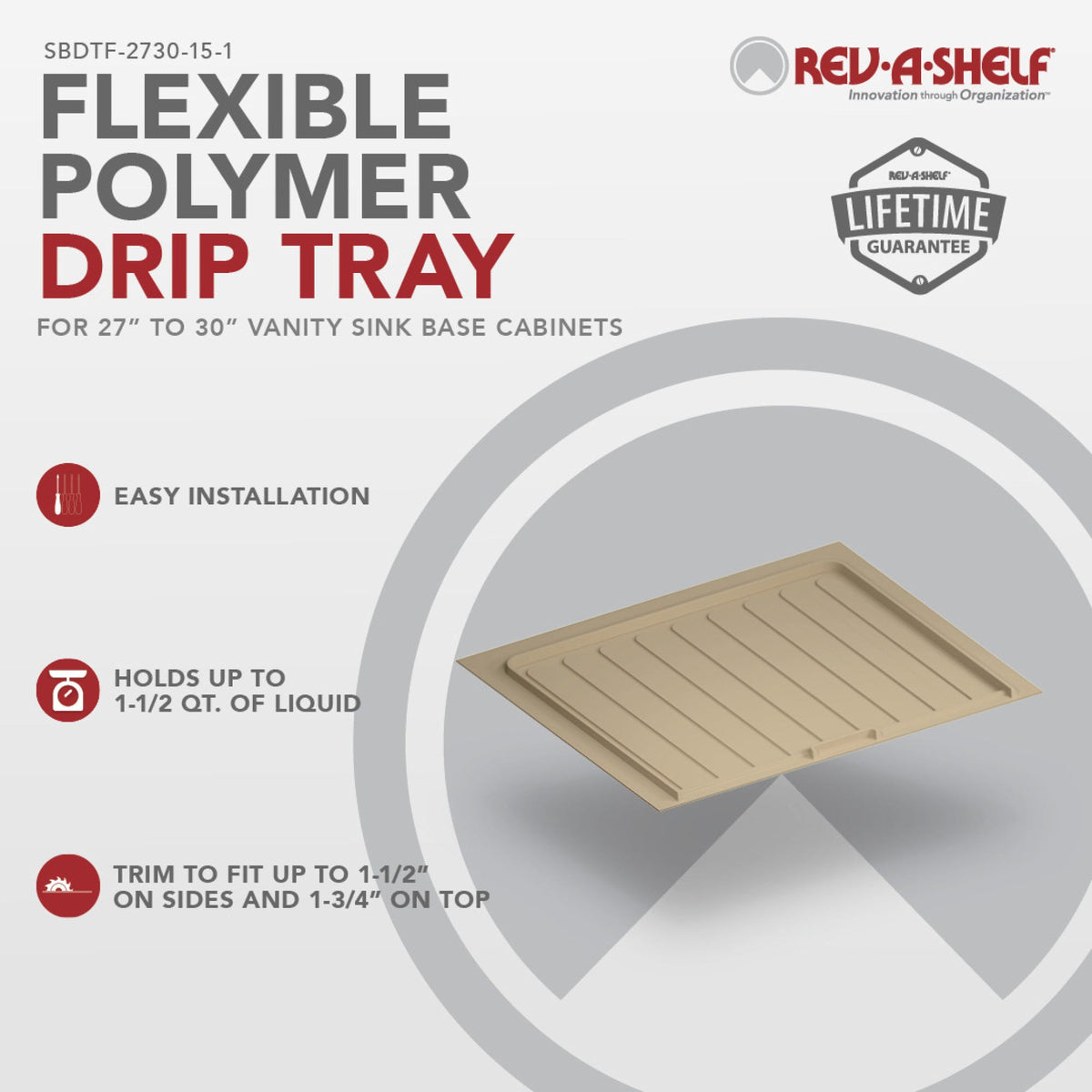 Rev-A-Shelf Flexible Polymer Trim-to-Fit Drip Tray for Sink Base Cabinets, almond