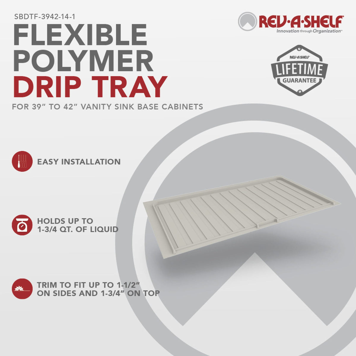 Rev-A-Shelf Flexible Polymer Trim-to-Fit Drip Tray for Sink Base Cabinets, gray