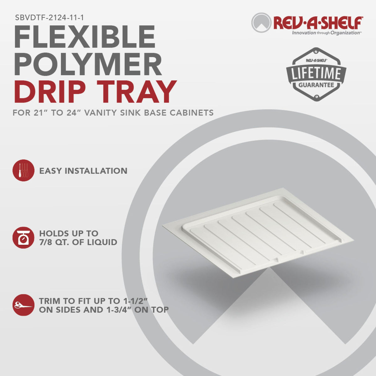 Rev-A-Shelf Flexible Polymer Trim-to-Fit Drip Tray for Vanity Sink Base Cabinets, white