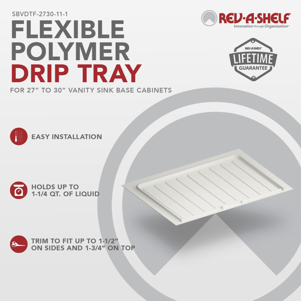 Rev-A-Shelf Flexible Polymer Trim-to-Fit Drip Tray for Vanity Sink Base Cabinets, white