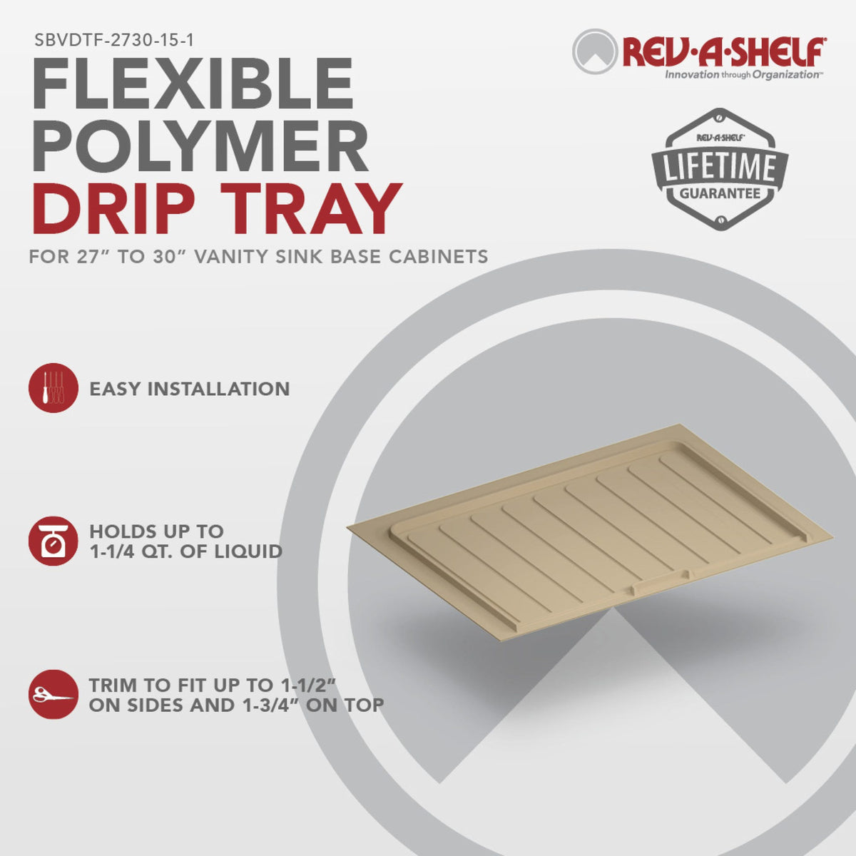 Rev-A-Shelf Flexible Polymer Trim-to-Fit Drip Tray for Vanity Sink Base Cabinets, almond