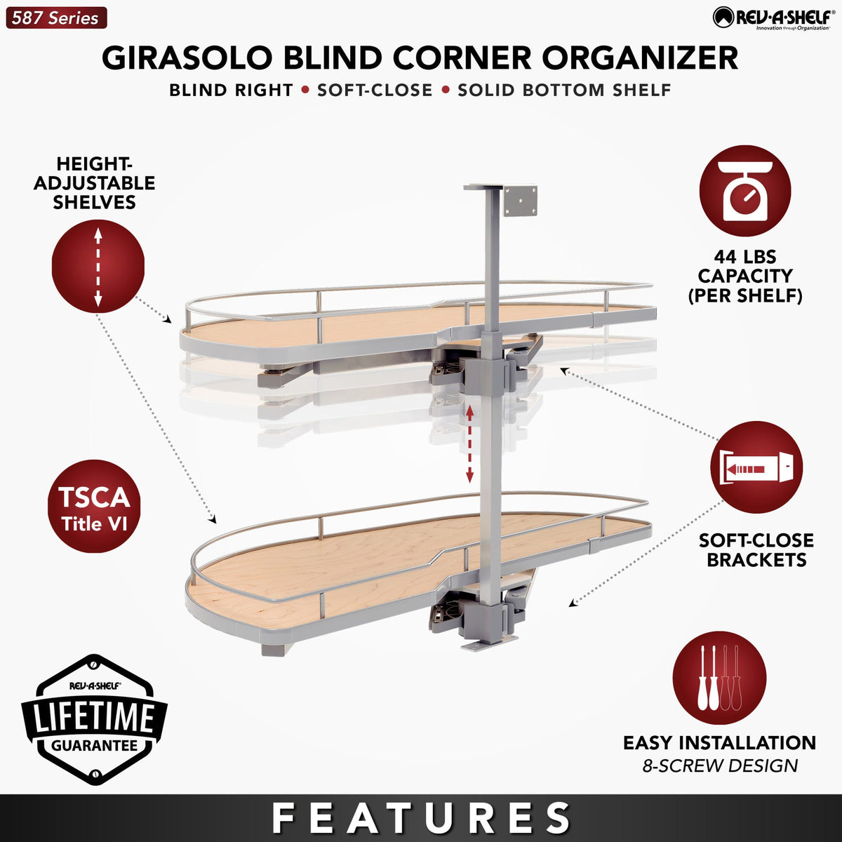 Rev-A-Shelf Girasolo with Contemporary Chrome and Maple Shelves Blind Corner Optimizer