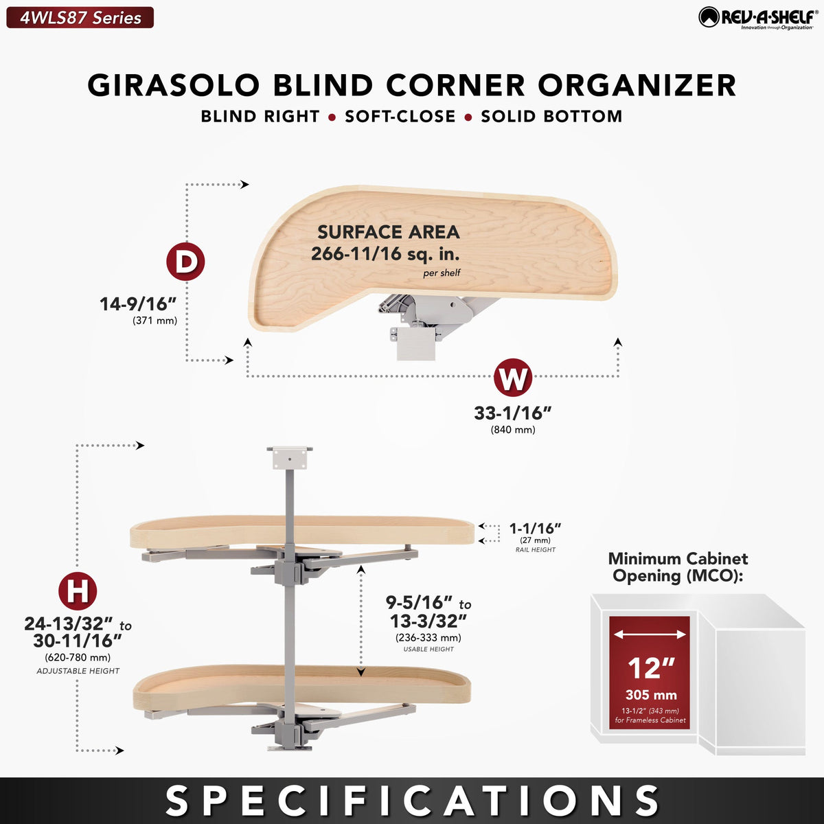 Rev-A-Shelf Girasolo with Wood Classic Shelves Blind Corner Optimizer with Soft-Close