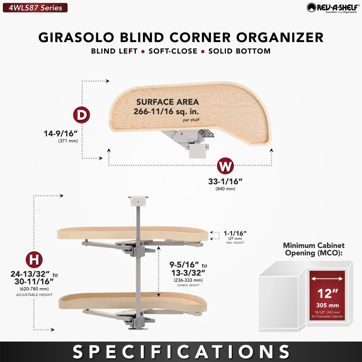 Rev-A-Shelf Girasolo with Wood Classic Shelves Blind Corner Optimizer with Soft-Close, maple