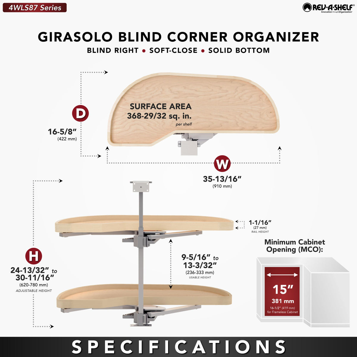 Rev-A-Shelf Girasolo with Wood Classic Shelves Blind Corner Optimizer with Soft-Close, maple
