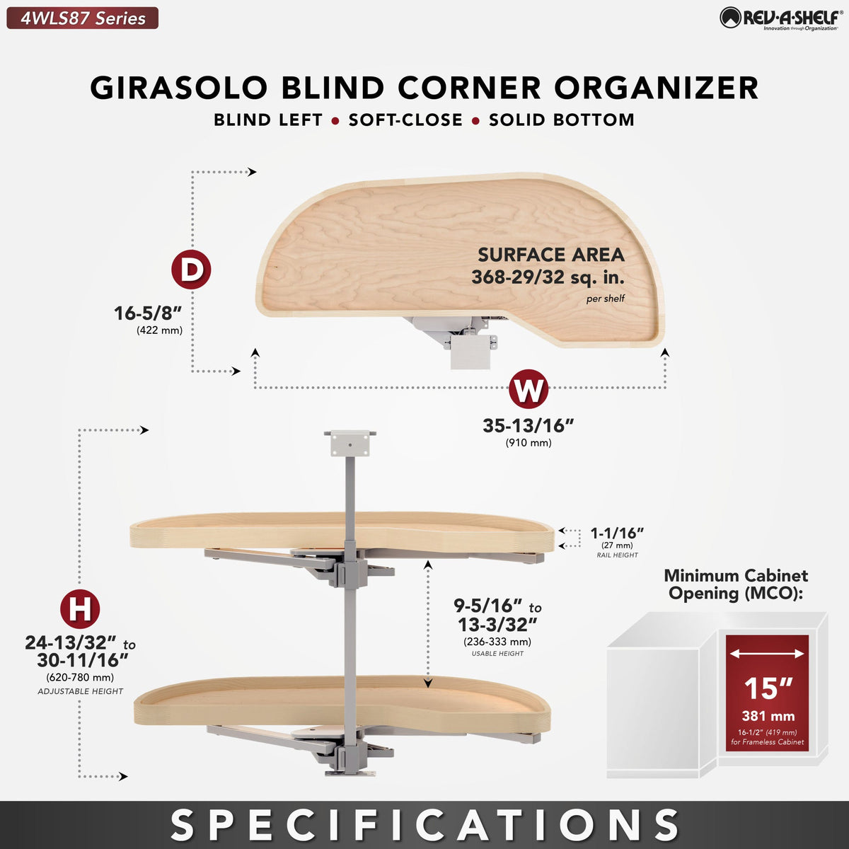 Rev-A-Shelf Girasolo with Wood Classic Shelves Blind Corner Optimizer with Soft-Close, maple