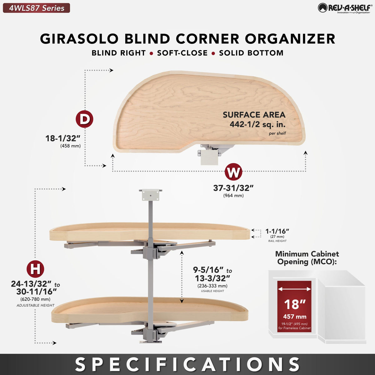 Rev-A-Shelf Girasolo with Wood Classic Shelves Blind Corner Optimizer with Soft-Close, maple