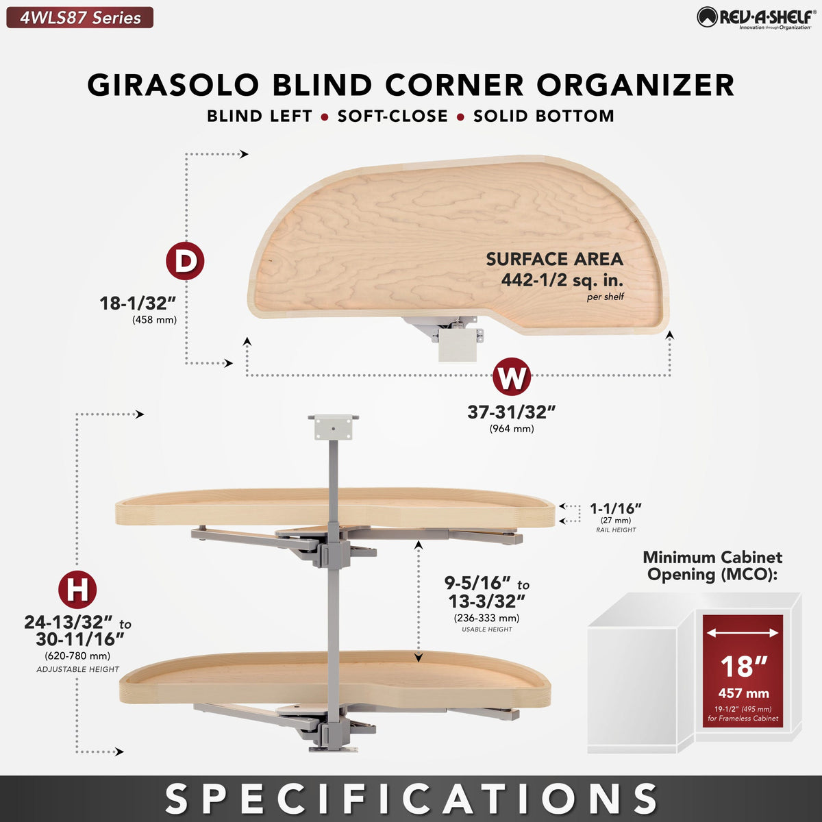 Rev-A-Shelf Girasolo with Wood Classic Shelves Blind Corner Optimizer with Soft-Close, maple