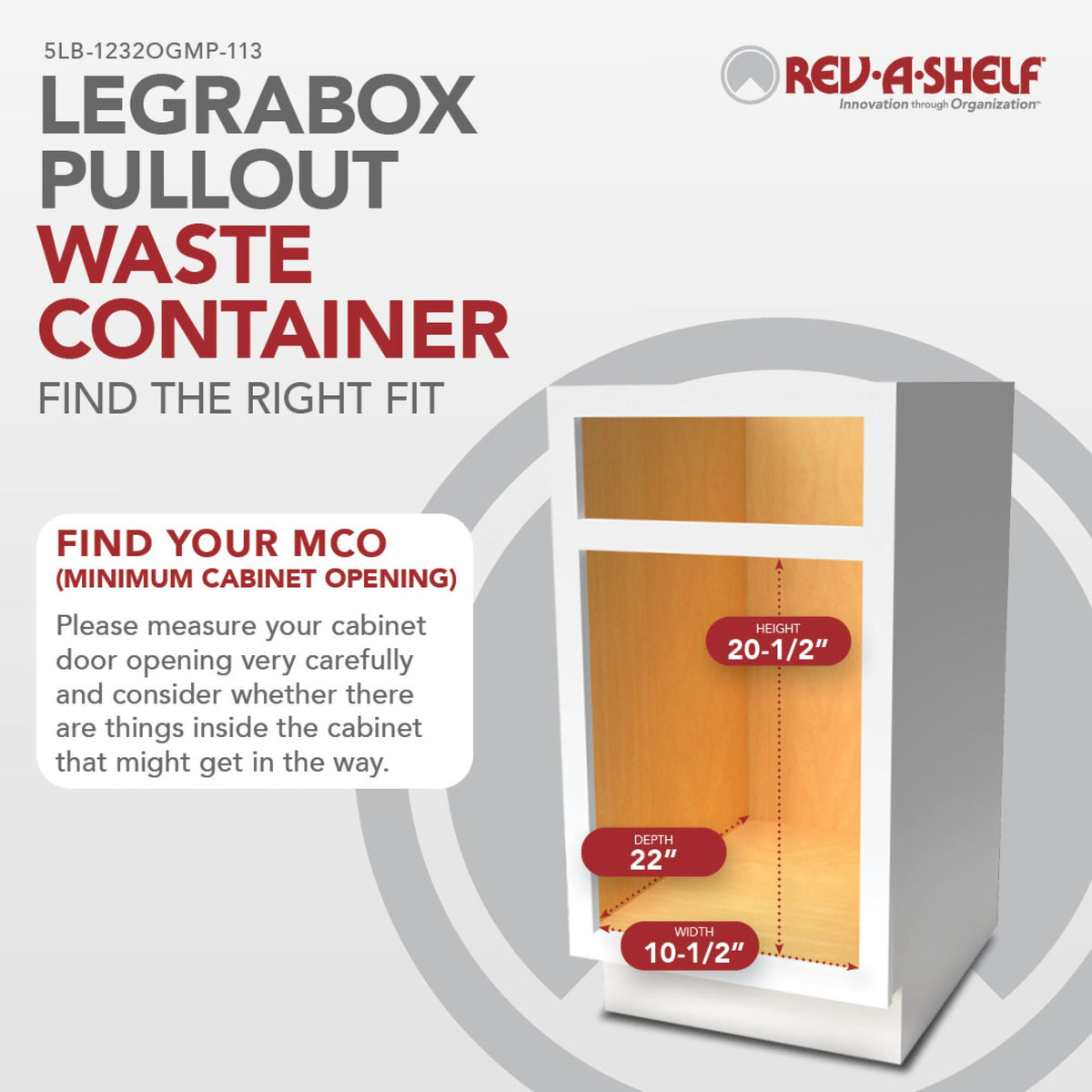 Rev-A-Shelf LEGRABOX Pullout Waste Container with BLUM Soft-Close for Frameless Base Cabinets, orion gray