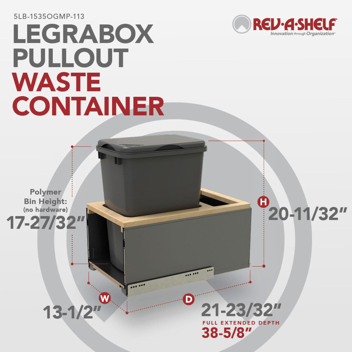 Rev-A-Shelf LEGRABOX Pullout Waste Container with BLUM Soft-Close for Frameless Base Cabinets, orion gray