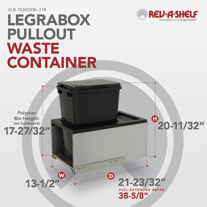 Rev-A-Shelf LEGRABOX Pullout Waste Container with BLUM Soft-Close for Frameless Base Cabinets, black