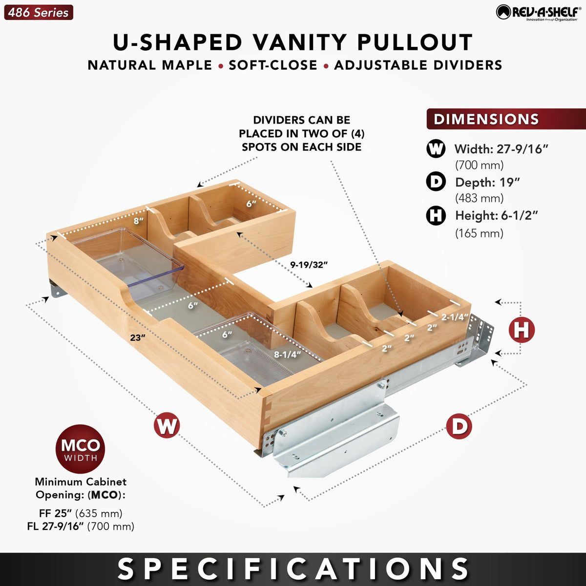 Rev-A-Shelf Maple U-Shaped Vanity Pullout, natural maple