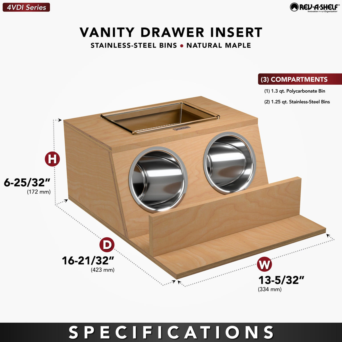 Rev-A-Shelf Maple Vanity Drawer Insert with Stainless Steel Bins for Vanity Base Cabinet Drawers
