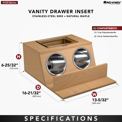 Rev-A-Shelf Maple Vanity Drawer Insert with Stainless Steel Bins for Vanity Base Cabinet Drawers