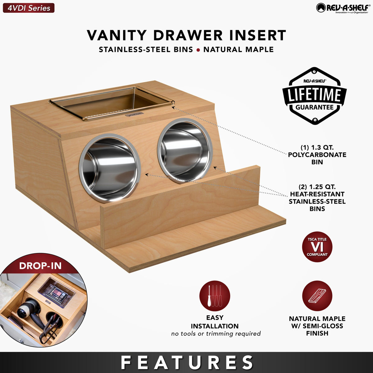Rev-A-Shelf Maple Vanity Drawer Insert with Stainless Steel Bins for Vanity Base Cabinet Drawers