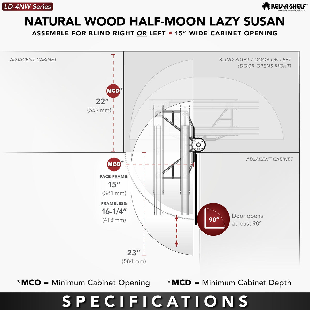 Rev-A-Shelf Natural Wood Half Moon Organizer for Blind Corner Cabinets, maple