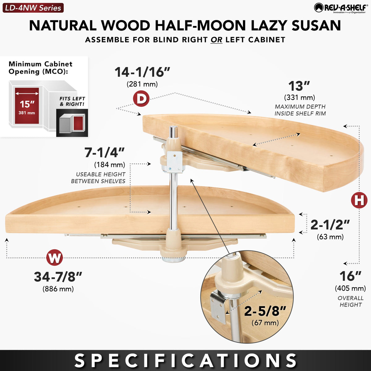 Rev-A-Shelf Natural Wood Half Moon Organizer for Blind Corner Cabinets, maple