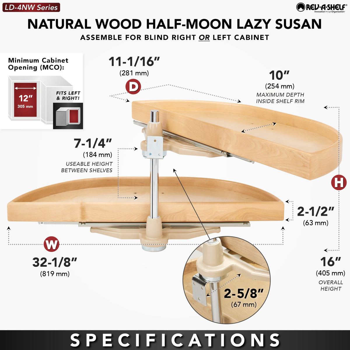 Rev-A-Shelf Natural Wood Half Moon Organizer for Blind Corner Cabinets