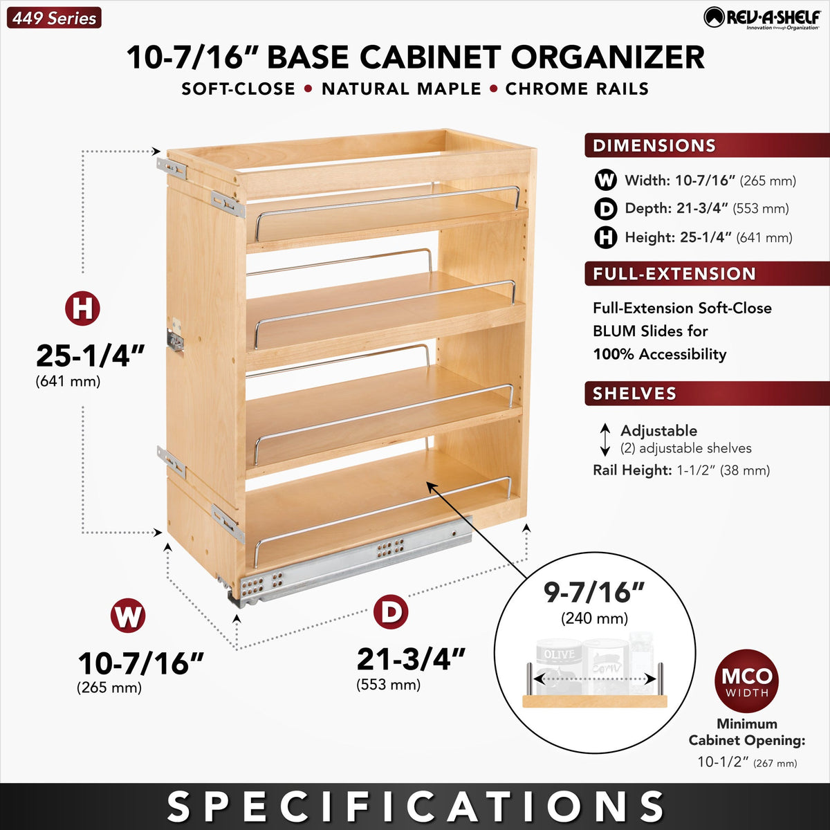Rev-A-Shelf Side and Bottom Mount Base Pullout with BLUMOTION Soft-Close, Natural Maple, 12"