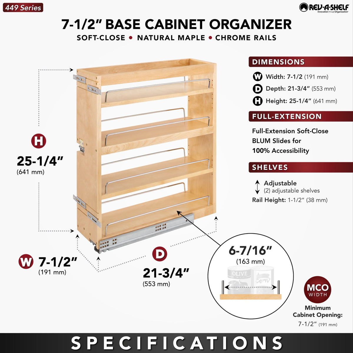 Rev-A-Shelf Side and Bottom Mount Base Pullout with BLUMOTION Soft-Close, natural maple