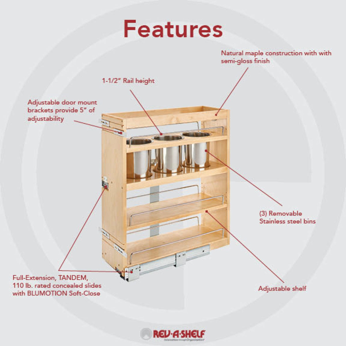 Rev-A-Shelf Side and Bottom Mount Base Utensil Pullout with BLUMOTION Soft-Close, natural maple