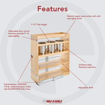 Rev-A-Shelf Side and Bottom Mount Base Utensil Pullout with BLUMOTION Soft-Close, natural maple